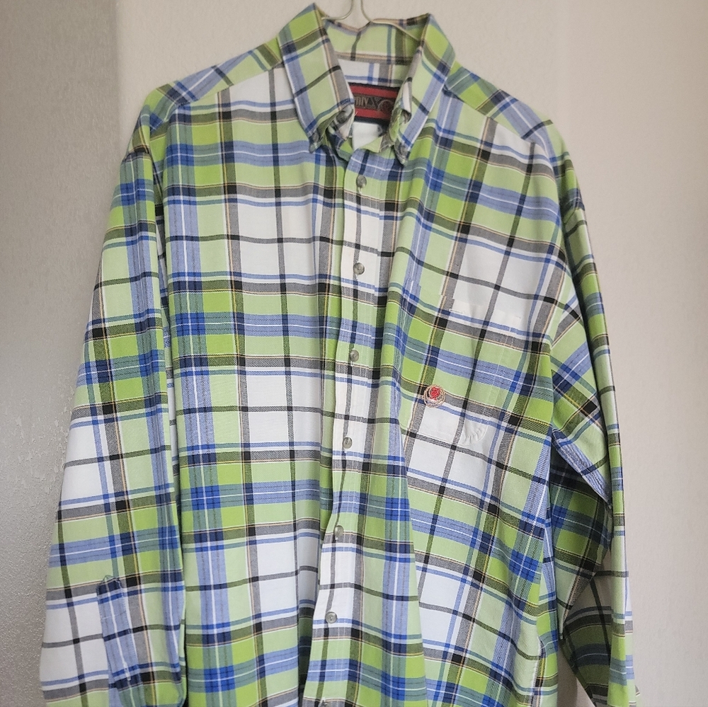 Wrangler‎ 20X Western Button Front Shirt Mens XL Green White Striped Long Sleeve
